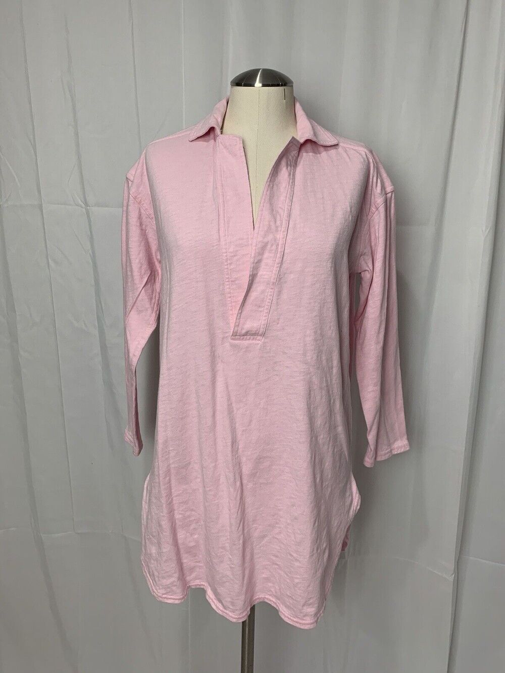 J. Crew Pink V-neck Slub Cotton Popover Tunic Shirt Long Sleeve Size XS Preppy